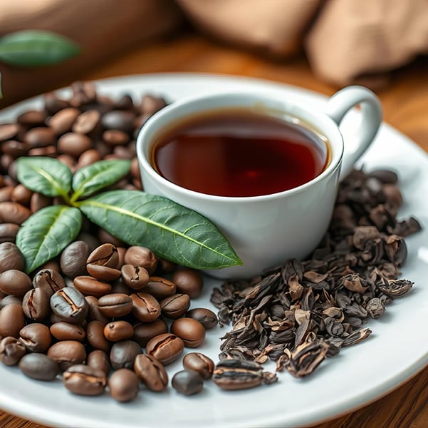 Coffee beans, tea leaves and cup