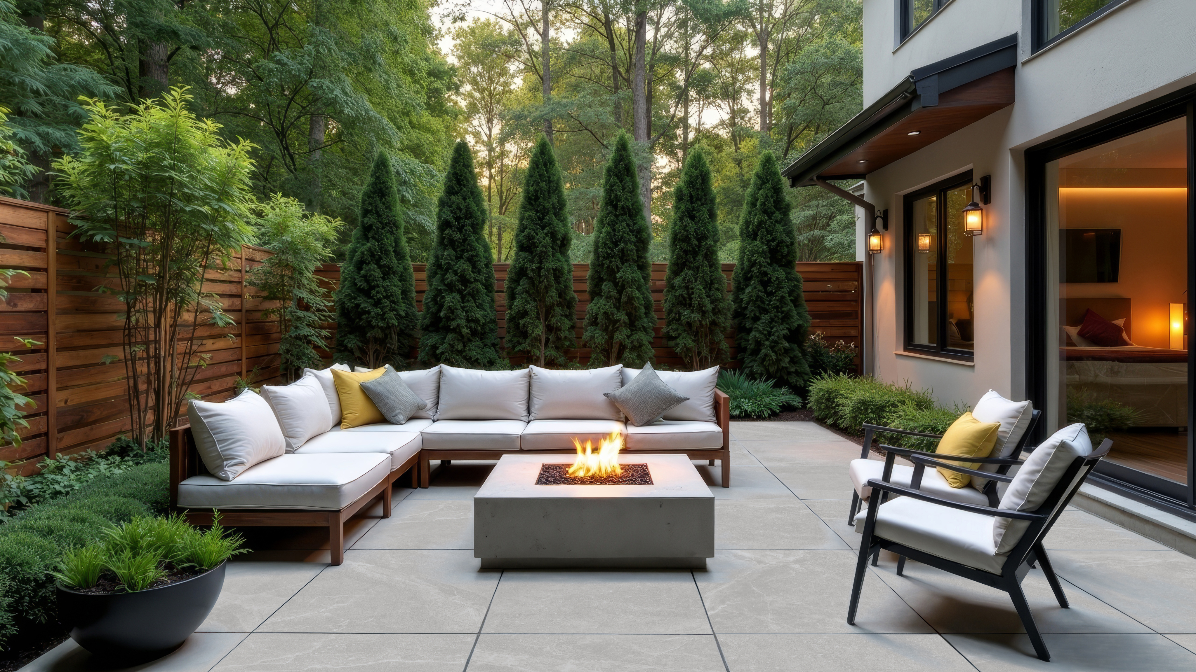 Outdoor patio with fire pit and garden furniture
