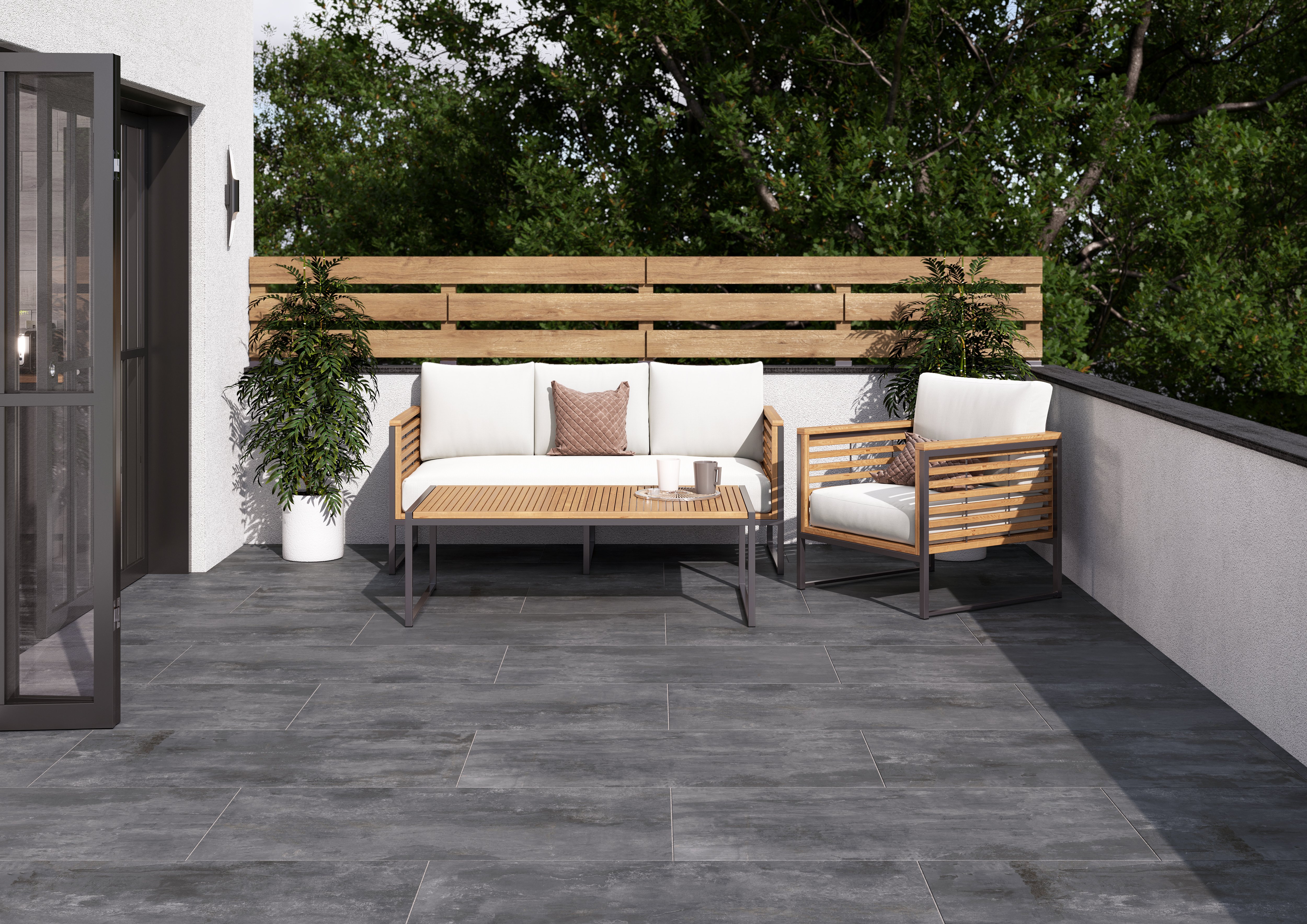 Artificial turf garden with wooden lounge chairs