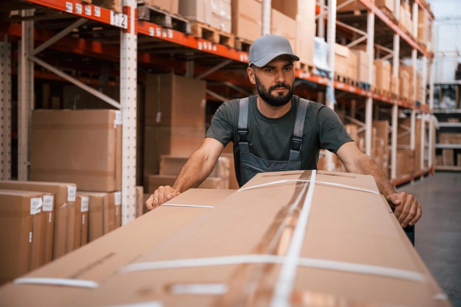 Man pushing troller loaded with boxes