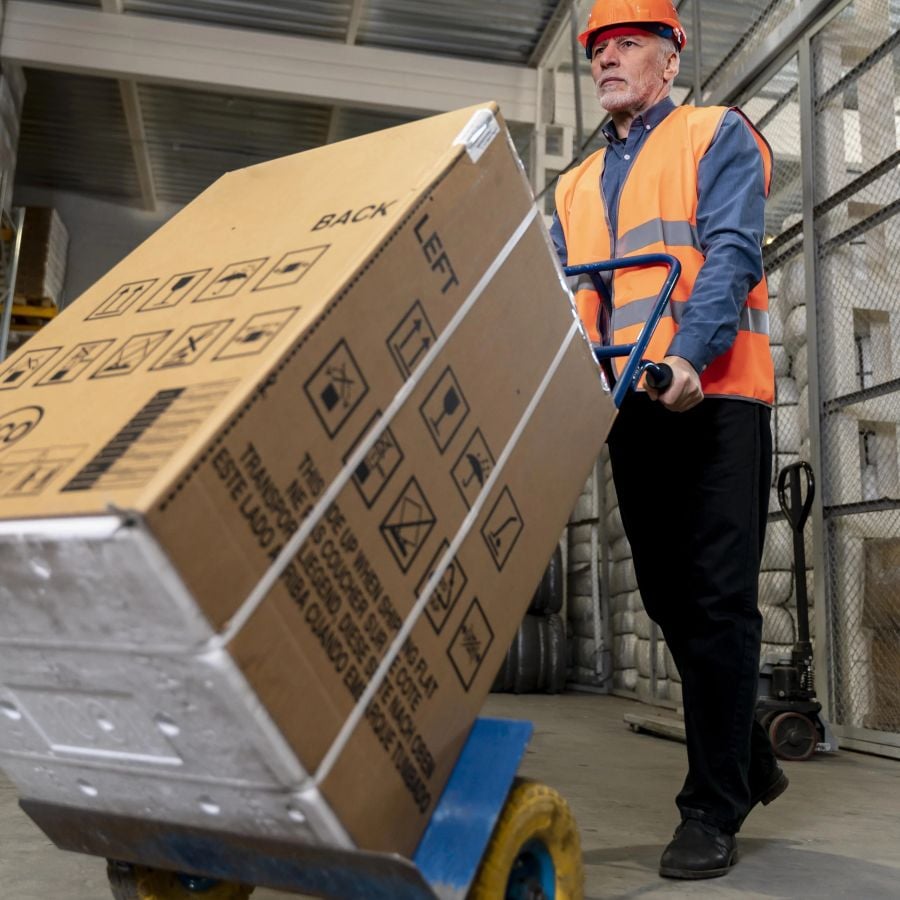Man pushing boxes on a trolley