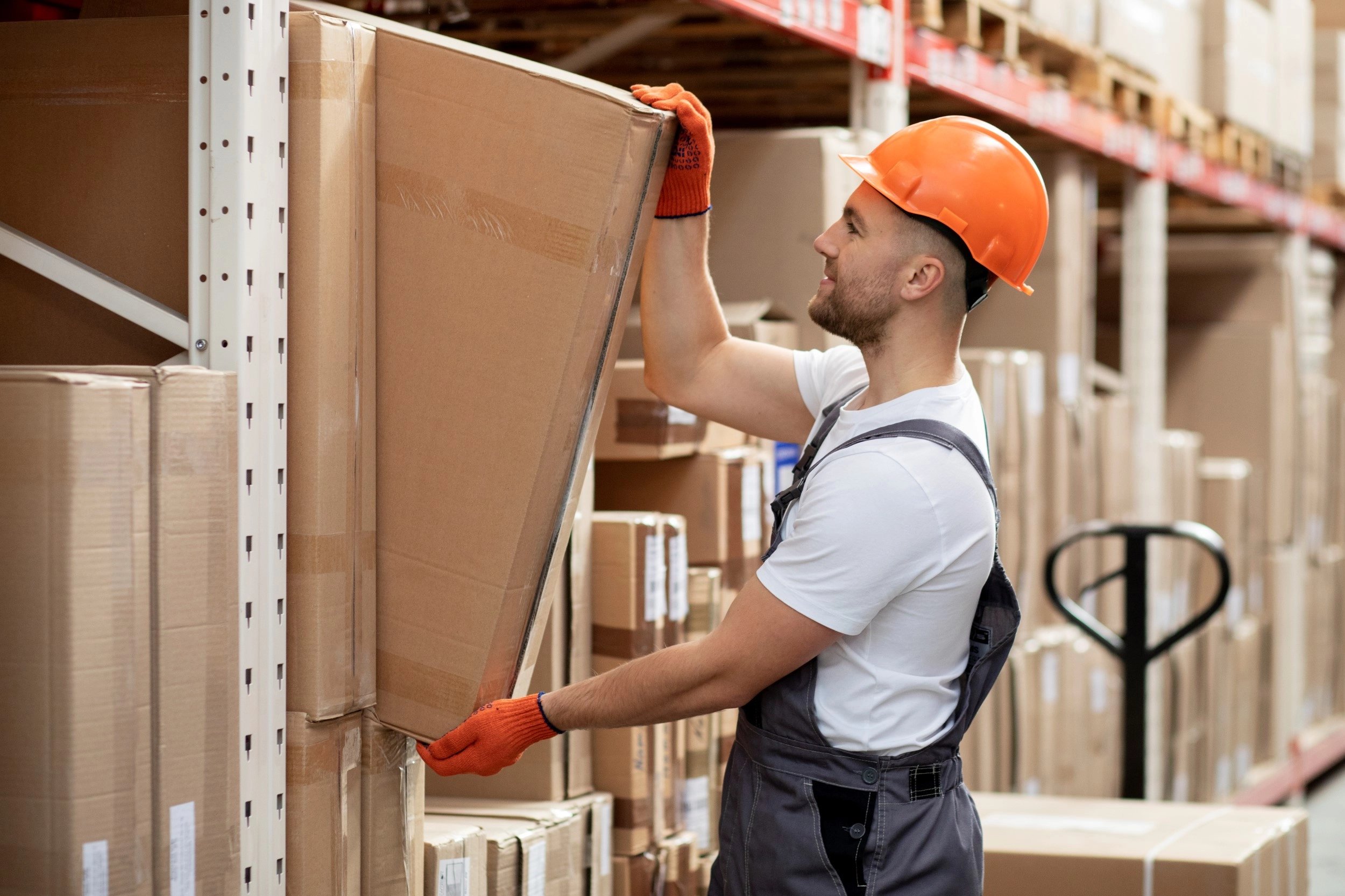 Warehouse worker assessing weight of a package before lifting it