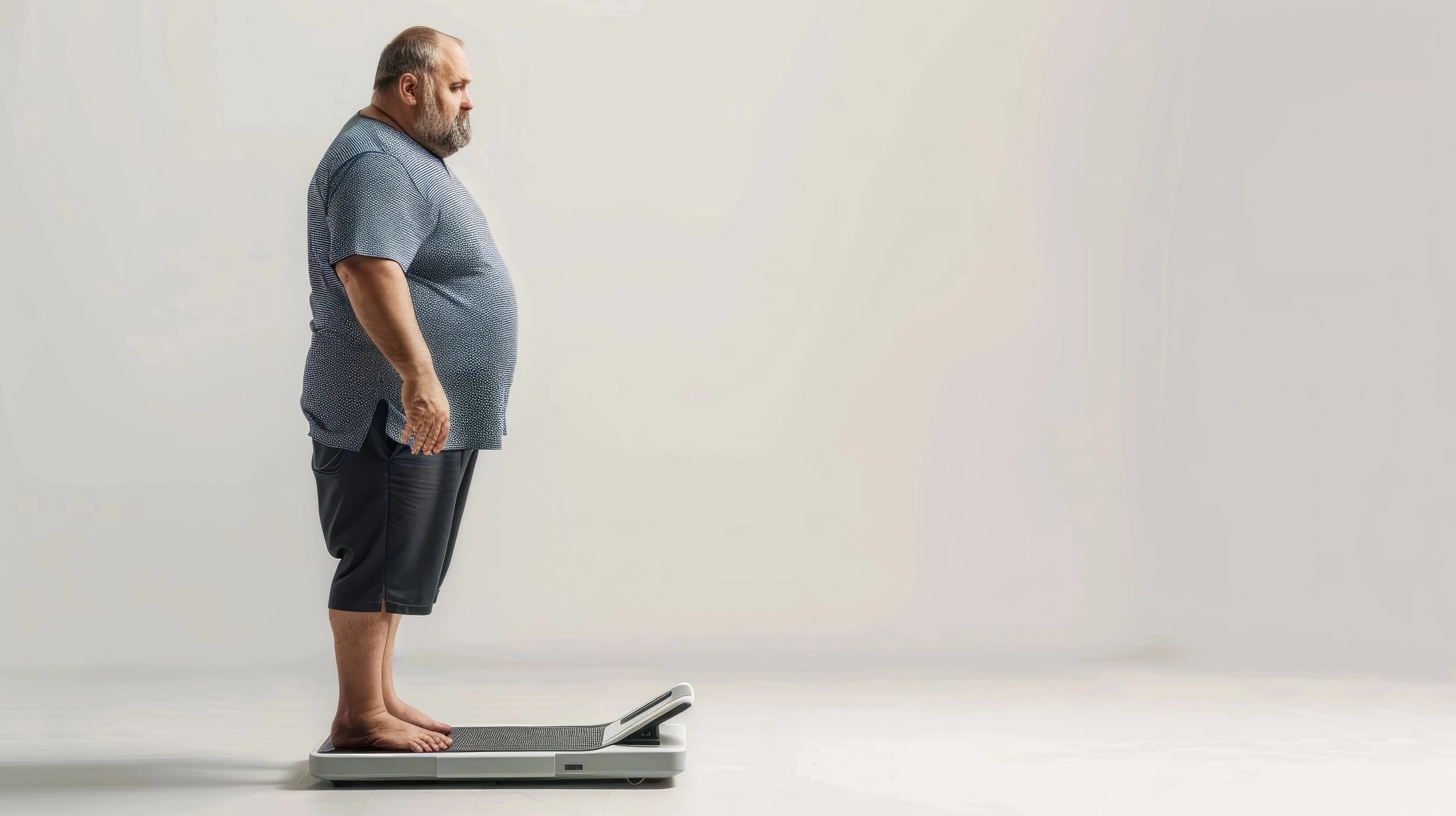 Obese man on digital weight scales