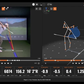 3D biomechanics motion-capture analysis of a golf swing.