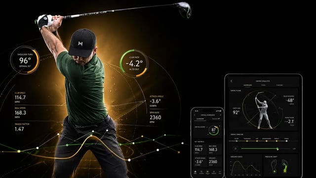 Golfer mid-downswing seen from behind, swing data overlays on the impact screen.