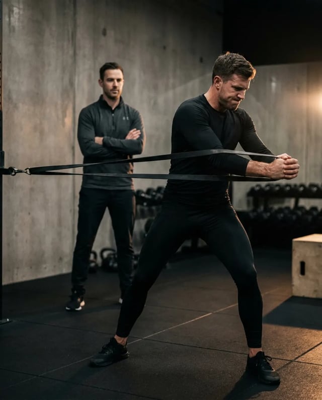 Golf-specific strength and conditioning session — athlete mid-rotation at a cable pulley machine.