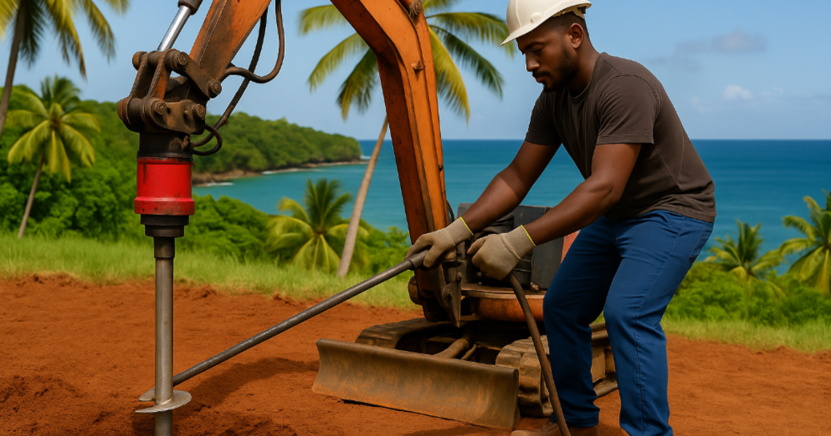 Machine installant un pieu vissé pour fondation sur terrain aux Antilles