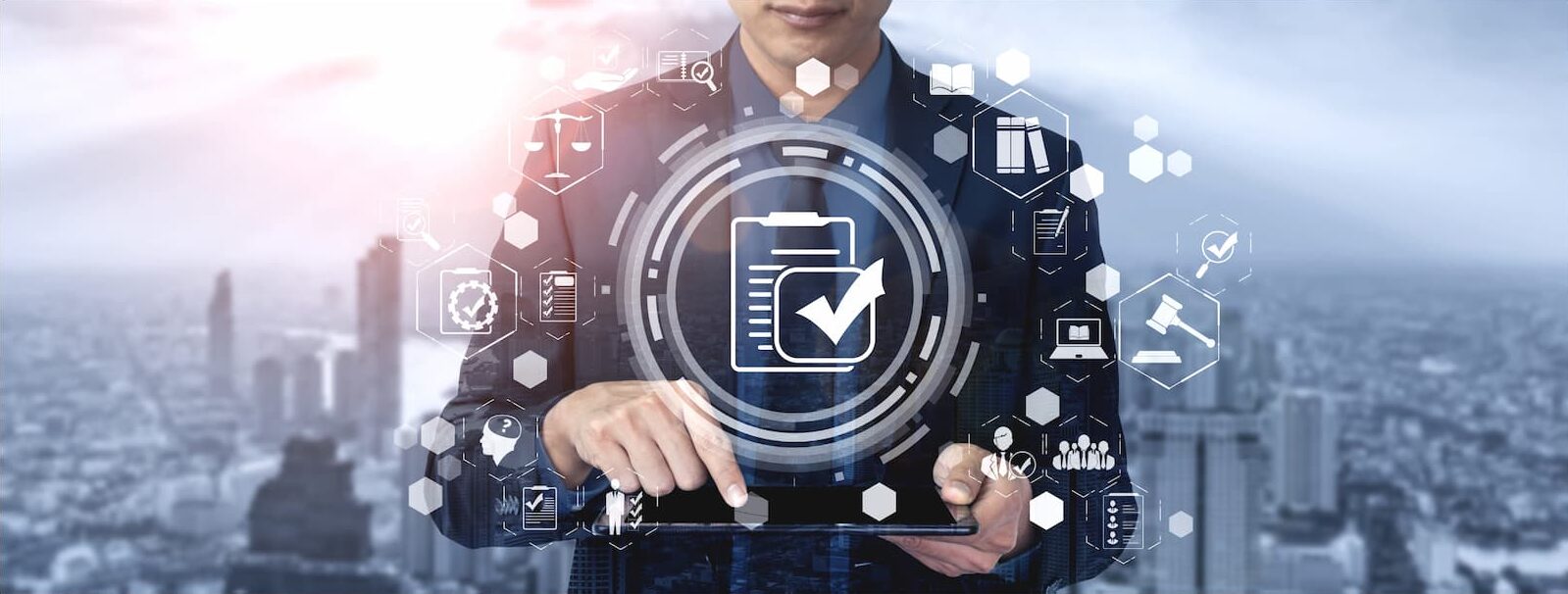 Businessperson using tablet to review HR policy checklist. 