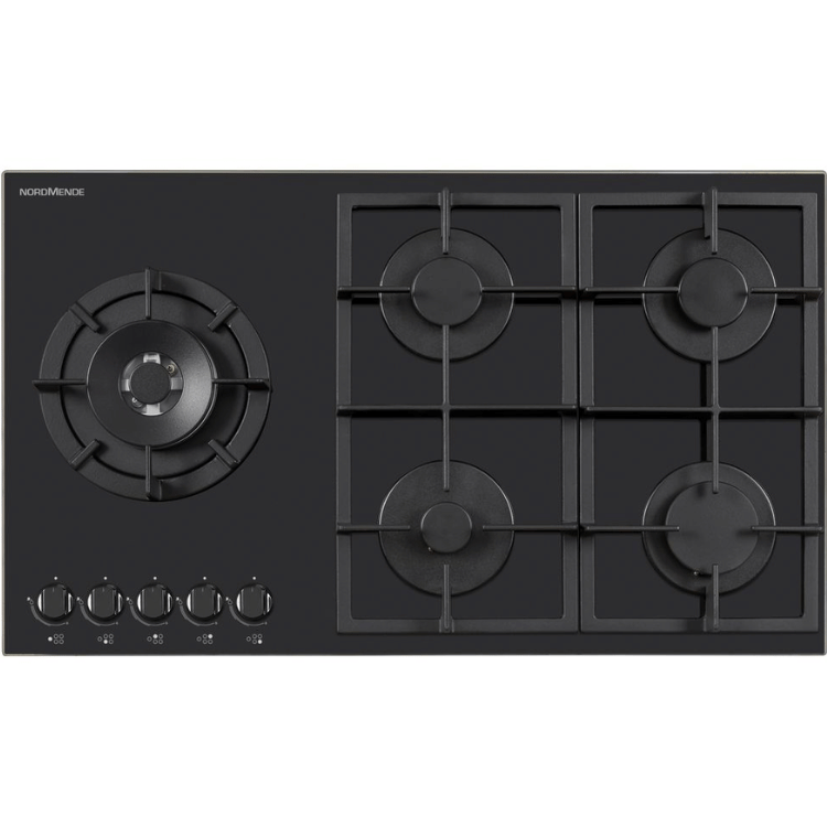 90cm 5 x Burner Gas Hob 1 x Side Wok Burner Cast Iron Pan Supports Black Glass