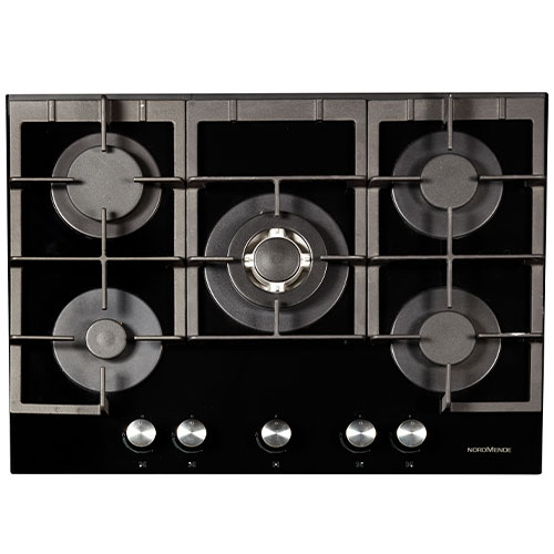 70cm 5 x Burner Gas Hob 1 x Wok Burner Cast Iron Pan Supports Black Glass