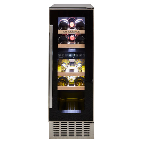 30cm Free Standing / Built In Wine Cooler 17 Bottle Dual Zone Slim Inox Frame