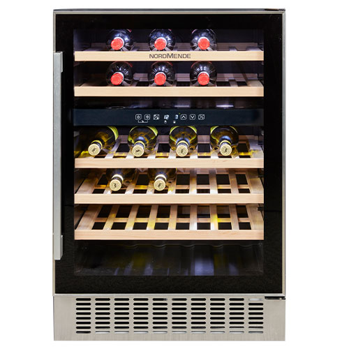 60cm Free Standing Built In Wine Cooler 46 Bottle Dual Zone Slim Inox Frame