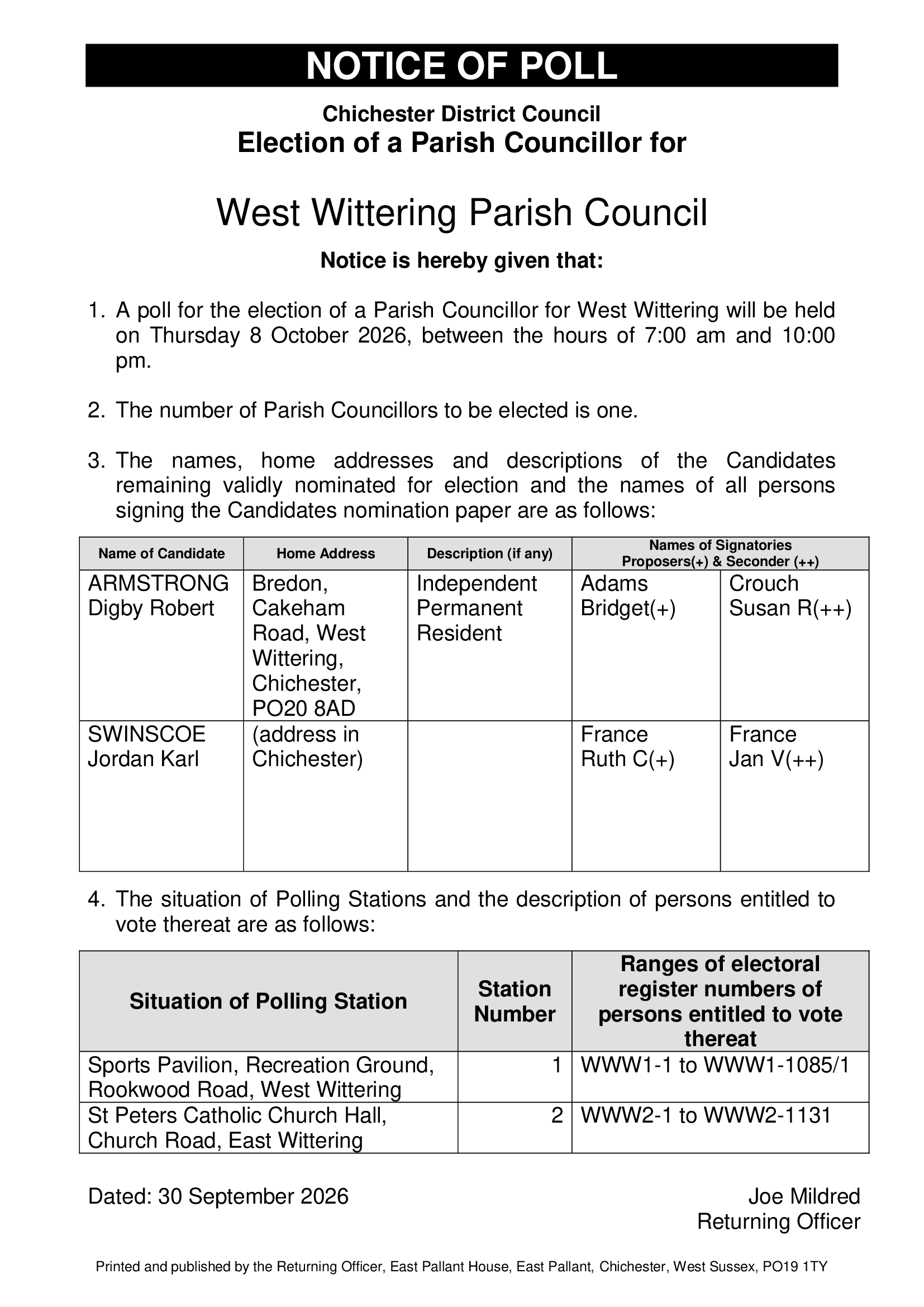 Notice of Poll and Situation of Polling Places - West Wittering