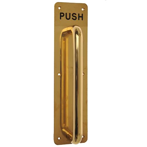 7048 150MM POL. BRASS PULL HANDLE ON PLATE ENGRAVED 'PUSH'