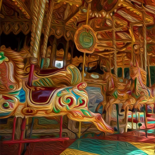Traditional hand-painted Steam Gallopers carousel at a vintage fairground