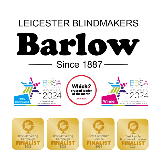 Leicester Blindmakers Barlow logo with awards: BBSA Excellence Awards 2024, Which? Trusted Trader, and finalist awards.