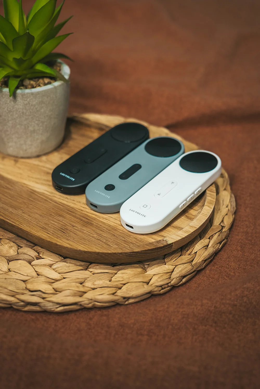 Motorised blind remote controls in black, grey, and white on a wooden tray with a potted plant.