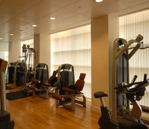 Gym with leg extension and other exercise machines, hardwood floor, and window blinds.