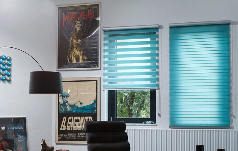 Room with blue roller blinds, movie posters, and modern decor. 