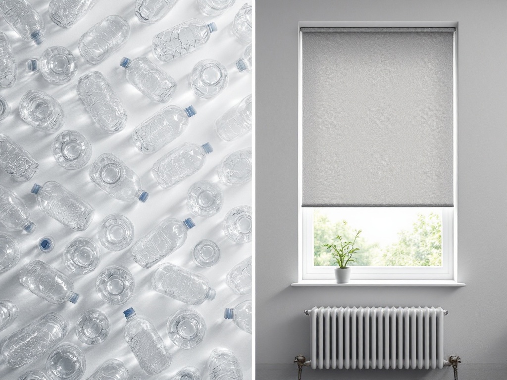 Recycled plastic bottles pattern and roller blind on window, showcasing eco-friendly materials.
