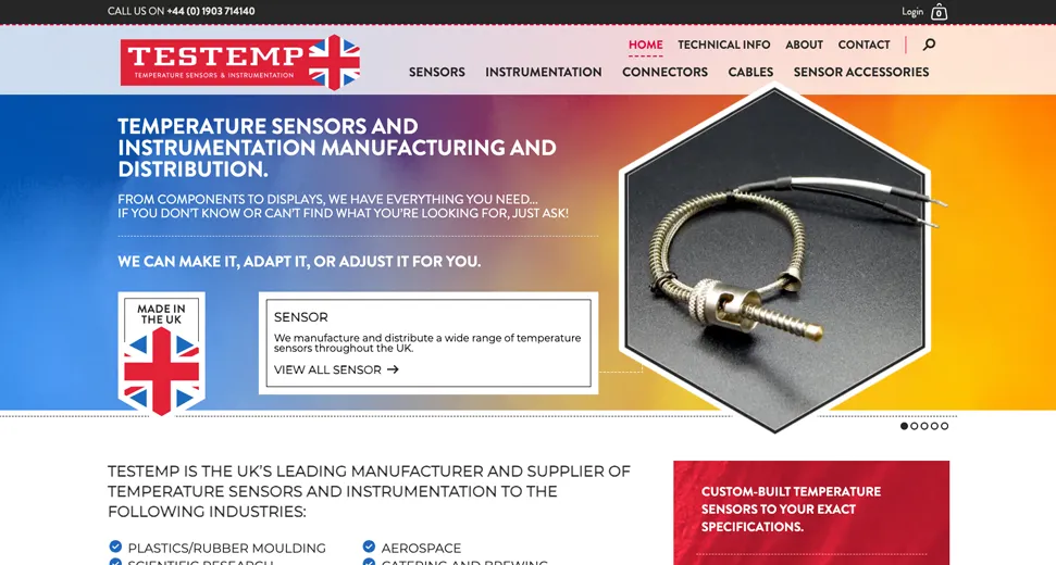 Testemp Industrial Thermometers website on desktop